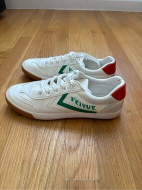 Feiyue White Sneakers with Green Chevron and Red Heel, Size 40